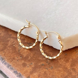 14KT Yellow Gold Shiny 2MM Twisted 3D Tube MINI Size Hoop Earrings 12MM