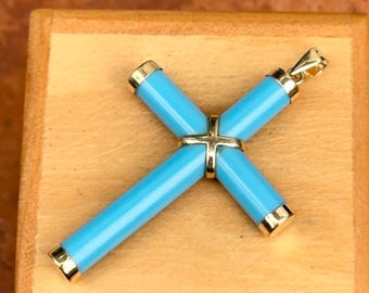 14KT Gelbgold Türkis Echter Edelstein Kreuz Anhänger Charm 40 mm
