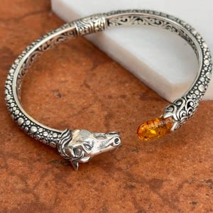 Estate Silver Horse Head and Amber Detailed Hinged Cuff Bracelet