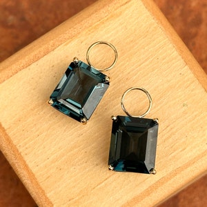 Custom 14KT Yellow Gold Genuine London Blue Topaz Faceted Emerald-Cut Earring Charms Add To hoops Interchangeable Large