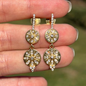 Vintage 14KT Yellow Gold Byzantine Etruscan Burnished Diamond Earrings European Flare