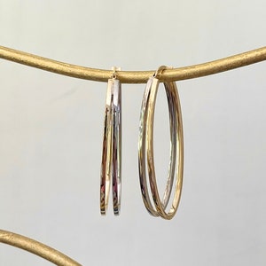 14KT Yellow Gold + White Gold Double Wire Long Oval Hoop Earrings NEW 41mm Length Two-Tone Design