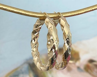 14KT Yellow Gold Shiny 5MM Twisted 3D Tube Large Hoop Earrings 27MM