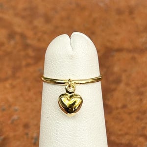 14KT Yellow Gold Band Toe Ring with Dangle Puffed 3D Heart Charm Moveable Adjustable