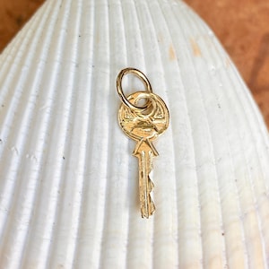 May include: A gold key charm with a detailed design. The key has a round head with a decorative pattern and a serrated edge.