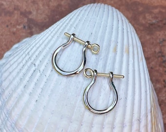 14KT Yellow Gold + Sterling Silver Polished Small Shackle Link Screw in Half Hoop Earrings NEW Two-Tone