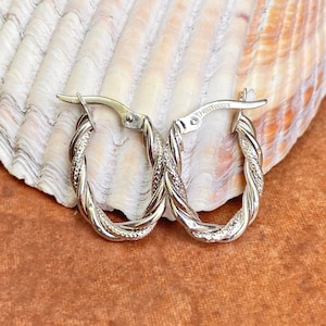 10KT White Gold Shiny + Diamond-Cut Twisted Textured Oval Hoop Earrings 18MM Small
