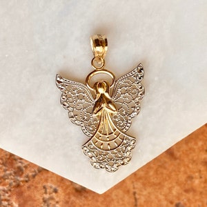 Two-Tone 14KT Yellow Gold + White Rhodium Guardian Angel Filigree Diamond-Cut Design Pendant Charm NEW