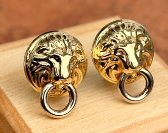 Estate Vintage 14KT Yellow Gold Cat Lion Cat Omega Back Byzantine Etruscan Earrings Door Knockers