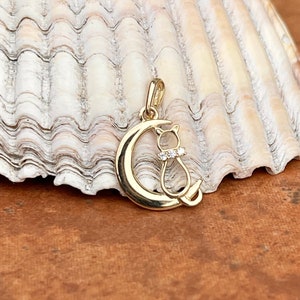 14KT Yellow Gold Polished Sitting Kitty Cat in Crescent Moon with CZs Pendant Charm NEW Small