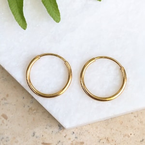 14KT Yellow Gold Hoop Shiny 1.25MM  Thin Endless Hoop Earrings 13MM NEW Light SMALL