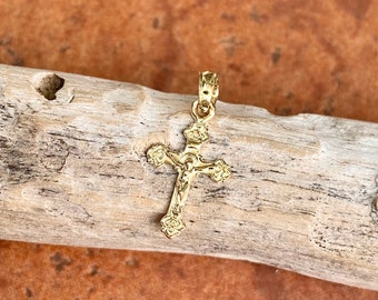 10KT Yellow Gold Polished Crucifix Cross Detailed MINI Size Pendant Charm NEW Tiny 17MM