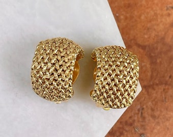 Estate 14KT Yellow Gold Shiny Mesh Weave Hammered Omega Back Half Hoop Earrings Clip-On