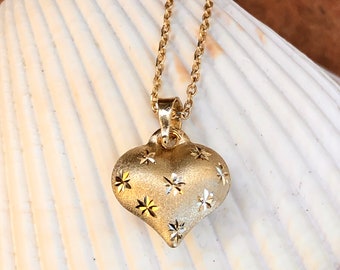 10KT Yellow Gold Satin Diamond-Cut Puffed Heart Pendant Charm SMALL 3D 11mm No Chain Included