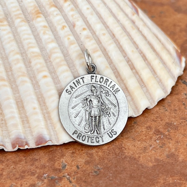 Sterling Silver St Florian Patron Saint of Firefighters Round Medal Pendant Charm NEW Polished 20MM