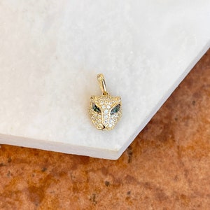 14KT Yellow Gold White + Green CZ Stone Panther Lion Head Pendant Charm NEW Small Mini Size 10mm