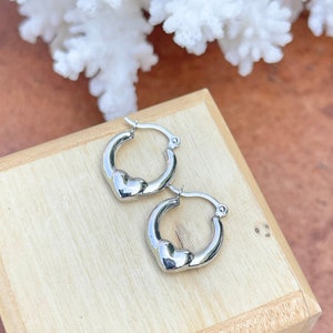 10KT White Gold Shiny SMALL Hollow Heart Hoop Earrings