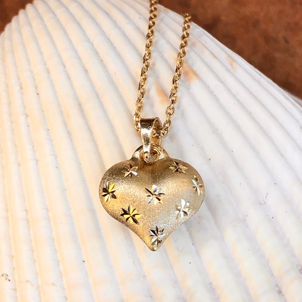 10KT Yellow Gold Satin Diamond-Cut Puffed Heart Pendant Charm SMALL 3D 11mm No Chain Included