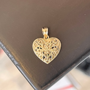 Two-Tone 14KT Yellow Gold + White Gold Reversible Filigree Heart Pendant Charm Diamond-Cut Open Work NEW