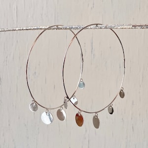 Sterling Silver Thin Endless Hoop Earrings with Round Disc Charms NEW 56mm