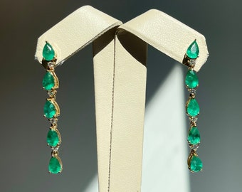 Estate Vintage 14KT Yellow Gold Green Pear Shaped Emerald + Diamond Post Dangle Earrings Cascading 1 3/4”