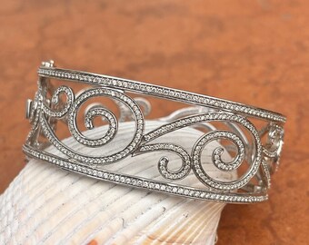 Vintage 14KT White Gold + 5 Carats Pave Diamond Bangle Cuff Bracelet NEW Swirl Filigree Design