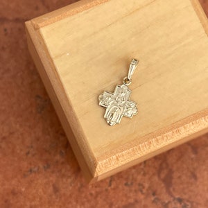 10KT Yellow Gold Four Way Catholic Cross Medal Engraved Pendant Charm SMALL Size 12mm