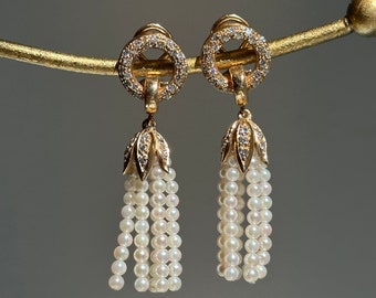 Vintage 14KT Yellow Gold Cultured Seed Pearls Tassel and Pave Diamond Omega Back Earrings .90CT