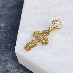 14KT Yellow Gold Eastern Orthodox Cross Detailed Mini Size Pendant Charm NEW Teeny Tiny