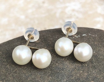 14KT Yellow Gold Double Freshwater White Pearl Stud Earrings NEW Small