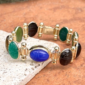 Estate 14KT Yellow Gold Blue, Green, Black Oval Onyx Blue Onyx Tiger Eye Green Onyx Jade Agate Jasper Scarab Byzantine Bracelet 8”