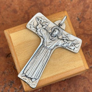 Sterling Silver Antiqued St Francis Cross Medal Engraved Pendant Unisex 53mm Large