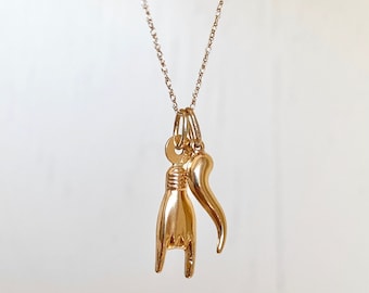 14KT Yellow Gold Italian Mano Cornuto + Horn Corno Pendant Charms Chain Necklace NEW Various Lengths