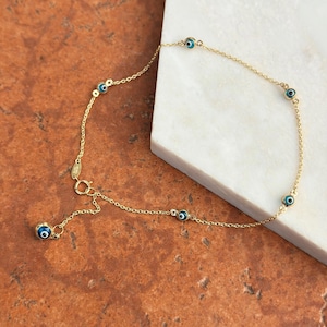 14KT Yellow Gold Blue Evil Eye Ball Station Charm Anklet Thin Lightweight 9&quot; + Extender Chain
