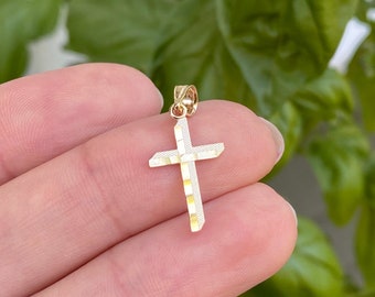 10KT Yellow Gold Small Diamond-Cut Shadow Cross Pendant Charm Textured NEW