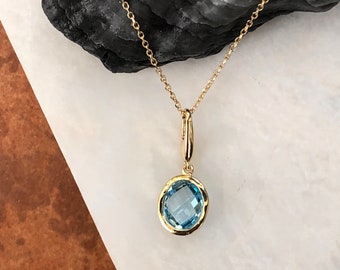 14KT Yellow Gold Bezel Set Double Sided Oval Swiss Blue Topaz Omega Pendant Clip