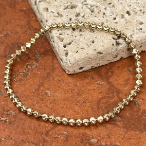 14KT Yellow Gold Round 3mm Diamond-Cut Bead Ball Chain Link Stretch Bracelet NEW Layering Stacking Chain Hollow Textured