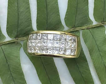 Estate Vintage 18KT Yellow Gold  Princess-Cut Diamond Invisible Set 3 Row Wide Design Cigar Anniversary Right Hand Band Ring