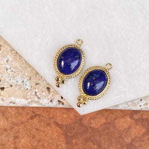Estate Vintage 14KT Yellow Gold Small Oval Blue Lapis Gemstone Detailed Frame Earring Charms