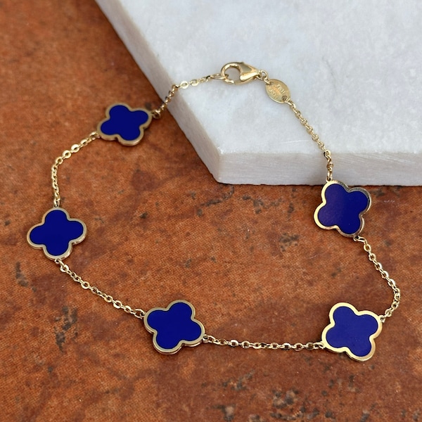 14KT Yellow Gold Genuine 10mm Blue Lapis Clover Station Chain Bracelet NEW 7" Length Layering Minimal Chain Shamrock Gemstone