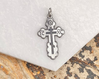Sterling Silver Satin Finish Eastern Orthodox Cross Detailed Pendant Charm NEW Unisex Polished