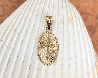 14KT Yellow Gold Small Oval Shiny Textured Cut-Out Cross Medal Pendant Charm NEW