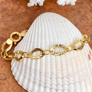 14KT Yellow Gold Hammered Polished Design Oval Chain Link Toggle Clasp Bracelet 7.5&quot;