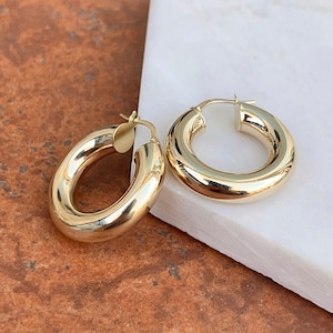 10KT Yellow Gold Shiny 6MM Tube Chunky Round Hoop Earrings NEW 27mm Medium Size