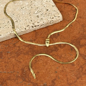 14KT Yellow Gold Solid Serpent Snake Head Clasp Herringbone Chain Lariat Necklace Adjustable Clasp Modern Edgy Y Necklace