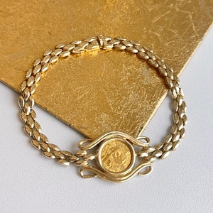 14KT Yellow Gold Shiny + Matte Panda 1/20 Coin Bezel Chain Bracelet 7" Panther Link 1992