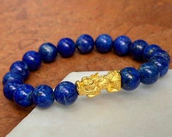 24KT Yellow Gold Dragon + Blue Lapis Lazuli Beaded Ball Bangle Bracelet Stretch