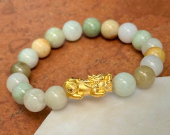 24KT Yellow Gold Dragon + Pale Green Multi-Color Jadeite Jade Beaded Ball Bangle Bracelet Stretch