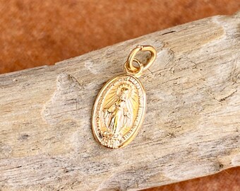 14KT Yellow Gold Polished Tiny Baby Sized Oval Miraculous Medal Pendant Charm NEW MINI