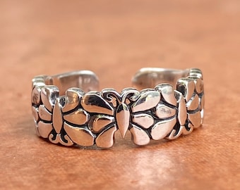 Sterling Silver Polished Shiny Detailed Butterflies Design Toe Ring NEW Adjustable Size